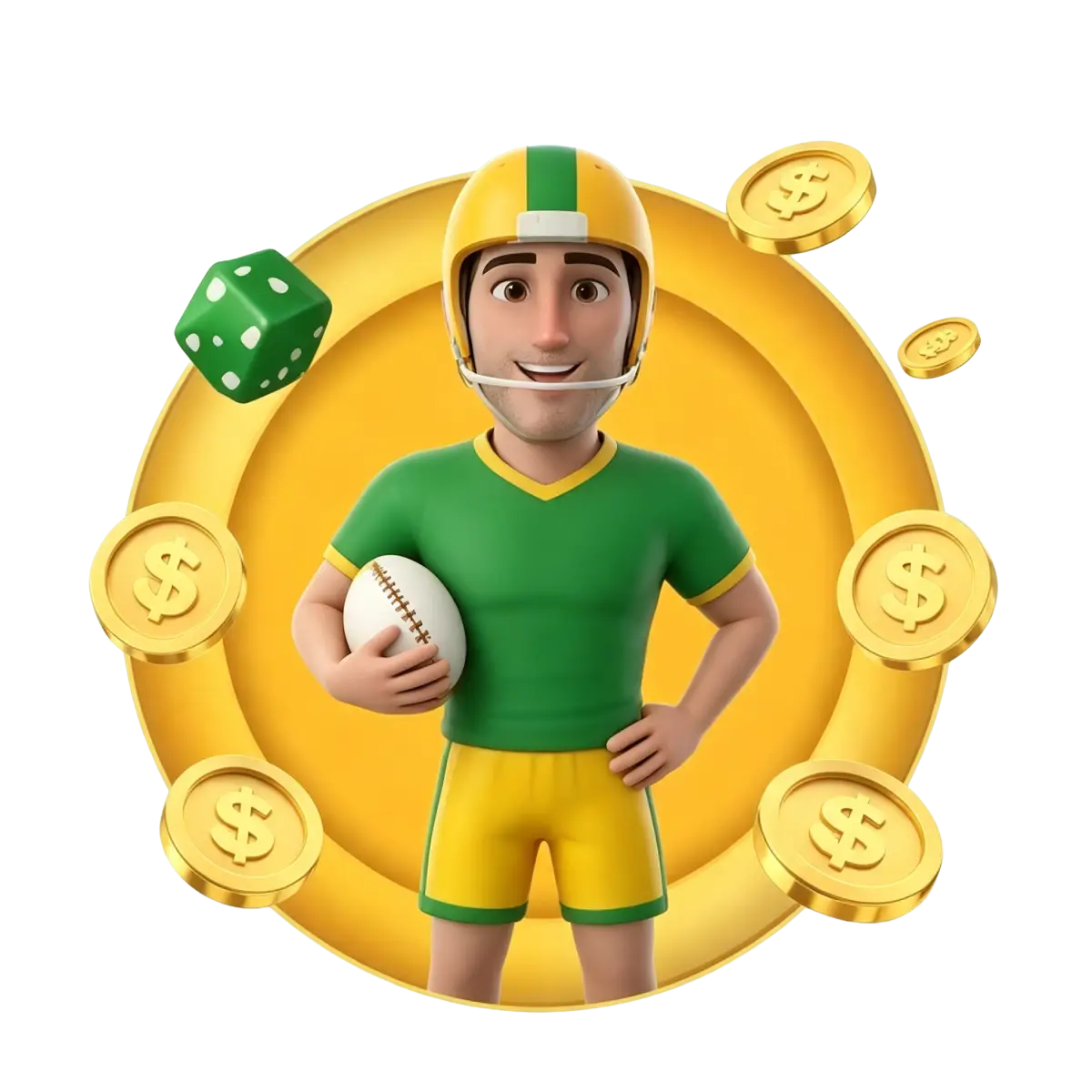 3D animated football player in helmet and jersey holding a ball, surrounded by dice and dollar coins, closing out Joe Fortune's sports betting section