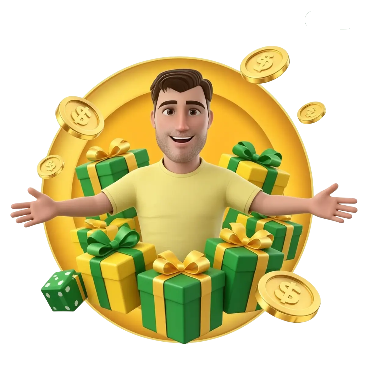 3D animated man with open arms surrounded by wrapped gift boxes and dollar coins, closing out Joe Fortune's promotions section