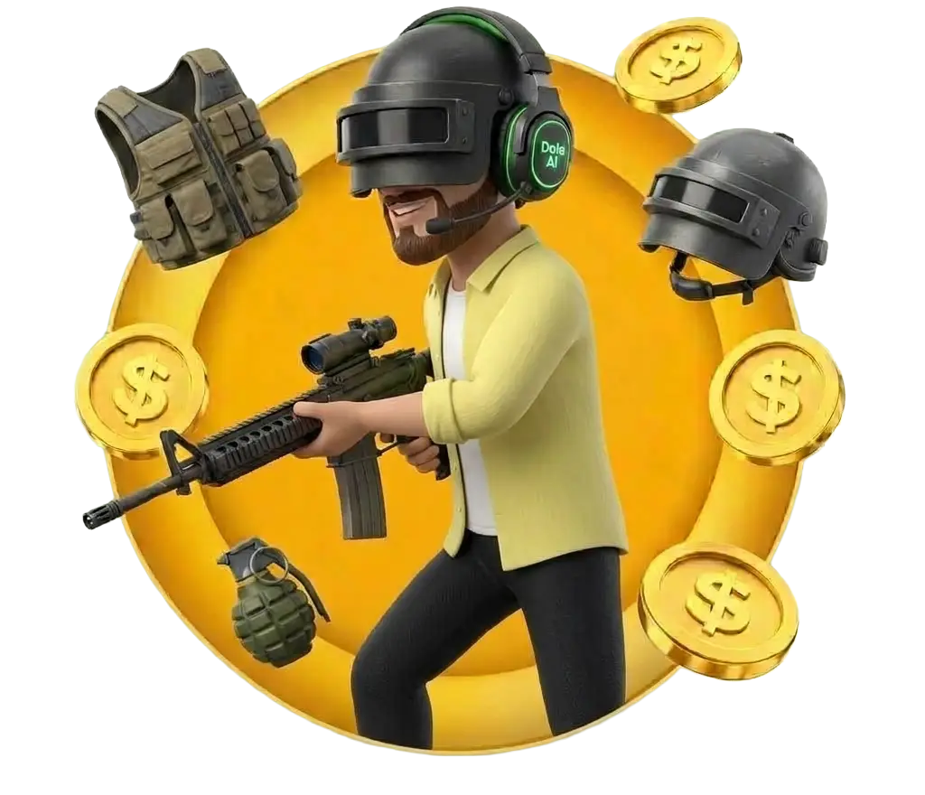 3D animated man in a tactical helmet holding a rifle, surrounded by military gear and dollar coins, closing out Joe Fortune's esports section
