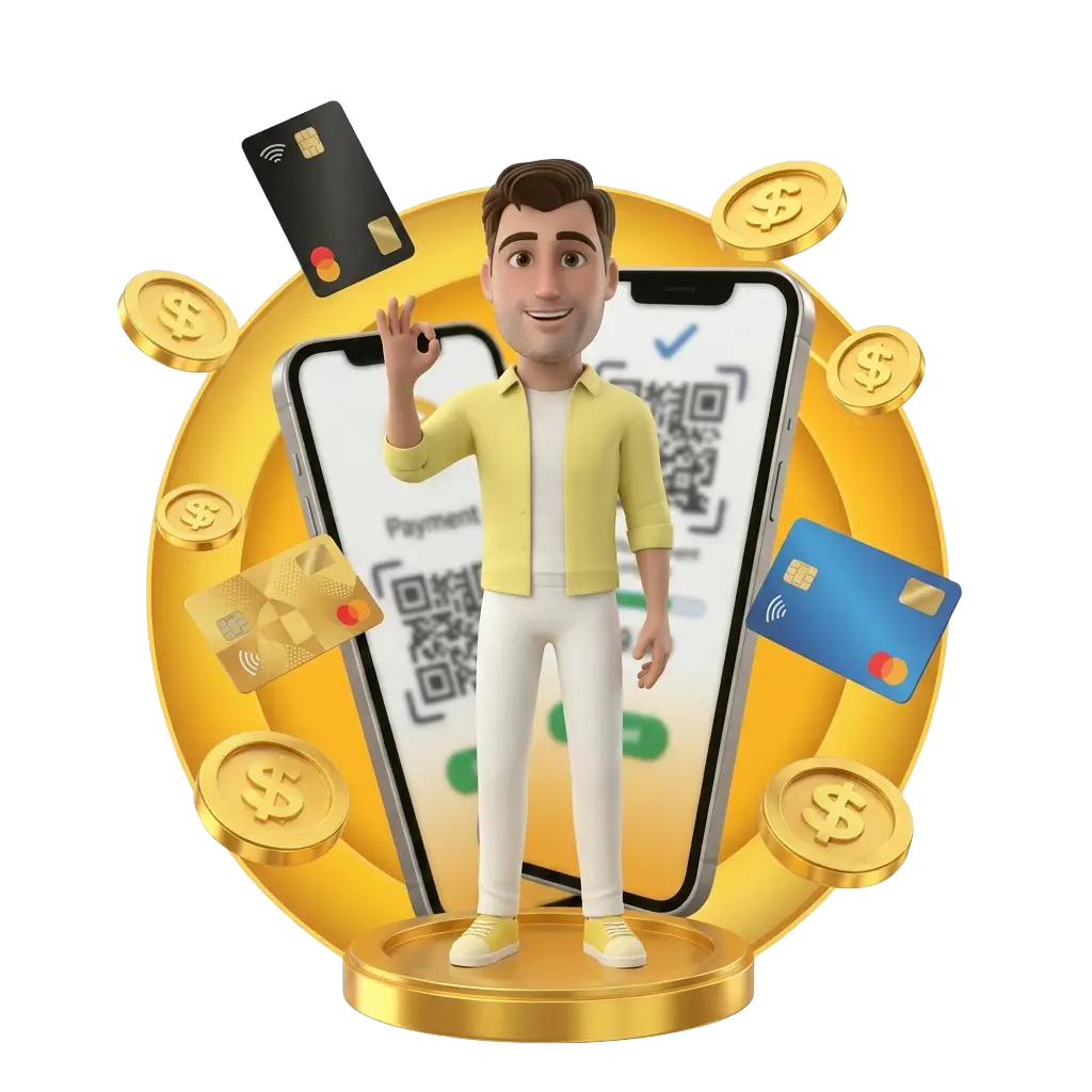 3D animated man giving an OK sign beside smartphones showing QR payment screens and bank cards, closing out Joe Fortune's payment section