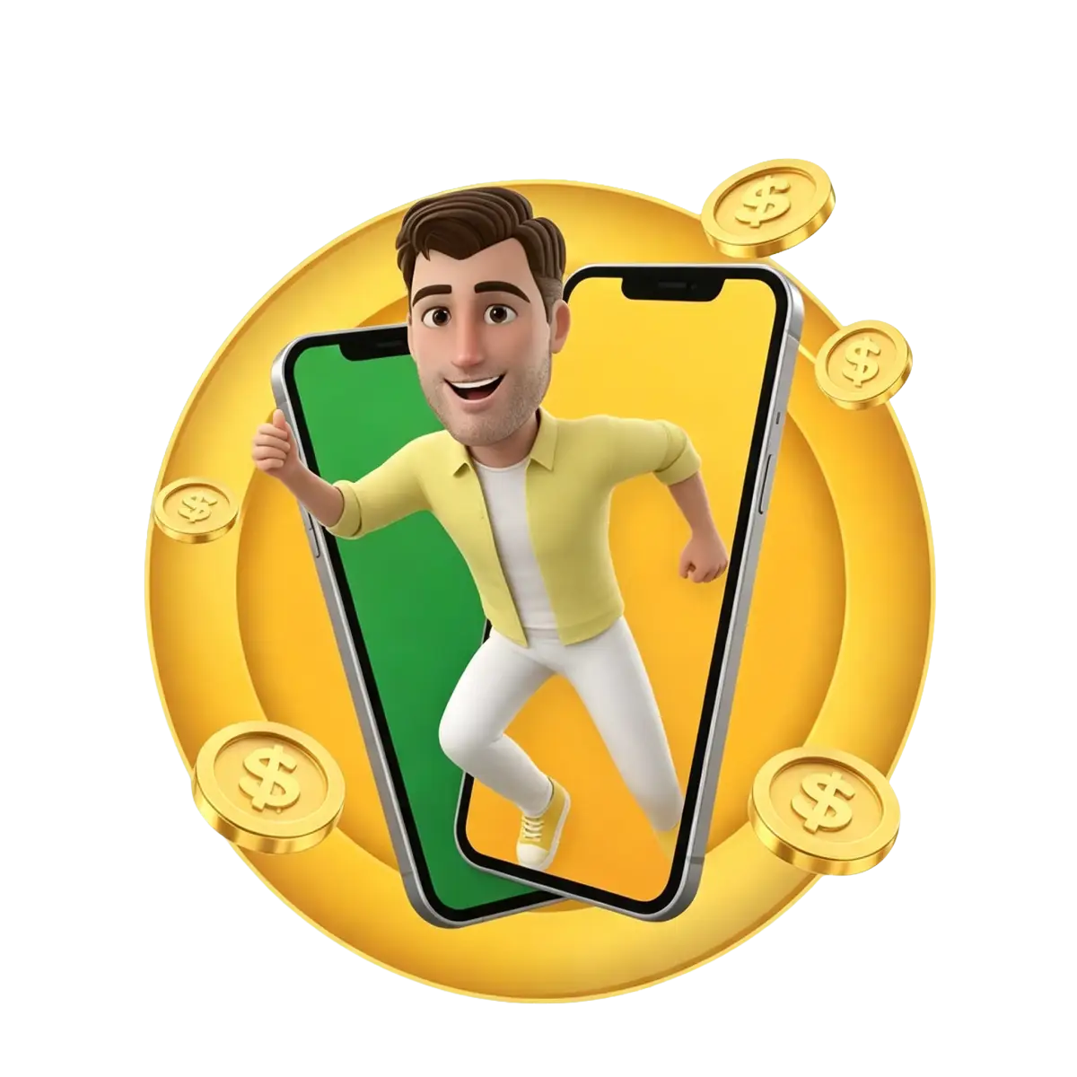 3D animated man running out of two smartphone screens, surrounded by dollar coins, closing out Joe Fortune's app download section