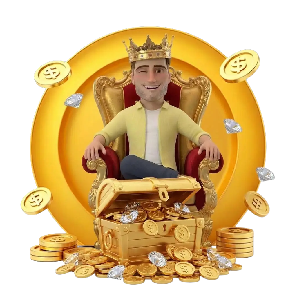 3D animated man wearing a crown seated on a throne beside a treasure chest of gold coins and diamonds, closing out Joe Fortune's VIP section