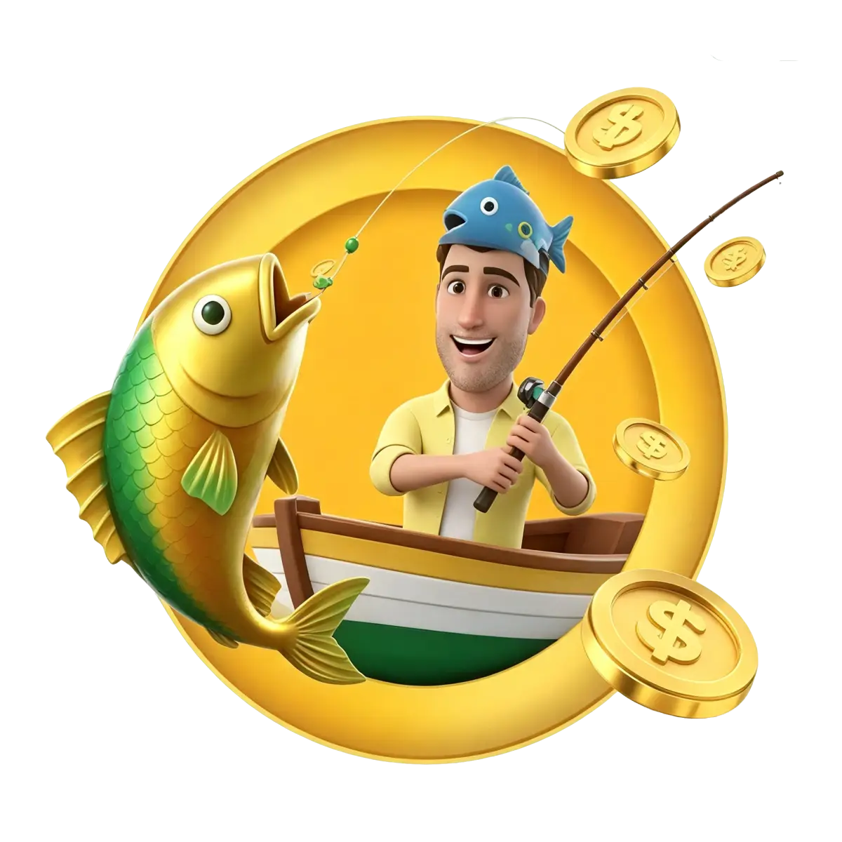 3D animated man in a fish hat sitting in a boat catching a large golden fish, surrounded by dollar coins, promoting Joe Fortune's fishing game section