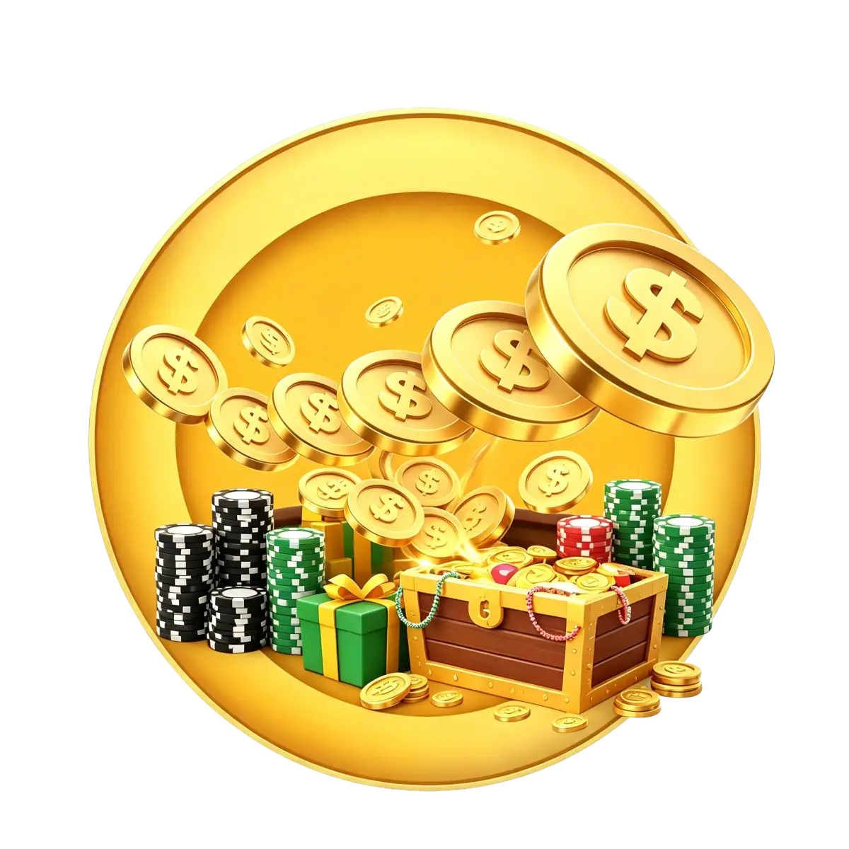 Gold coins raining onto a treasure chest surrounded by poker chip stacks and a gift box, closing out Joe Fortune's account registration section
