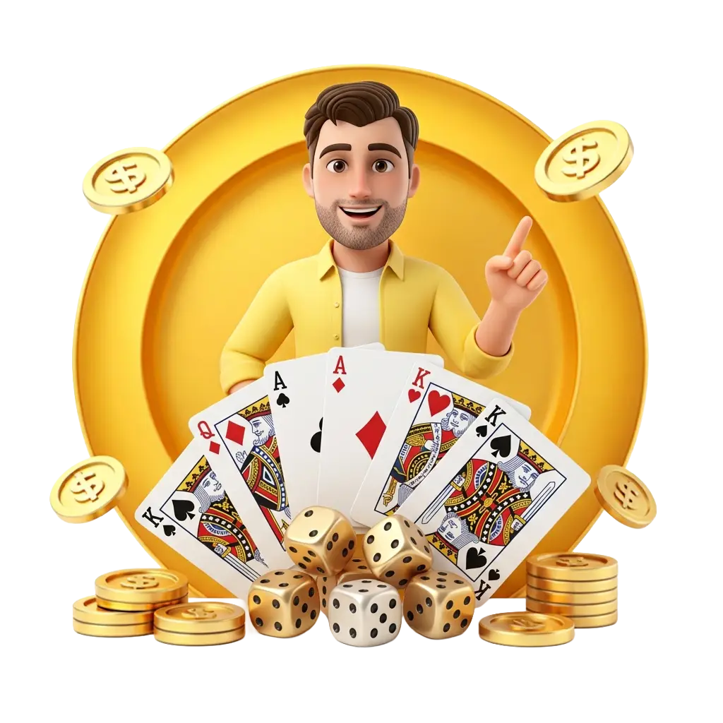 3D animated man holding a full house poker hand with dice and gold coins, promoting Joe Fortune's pokies and card games section