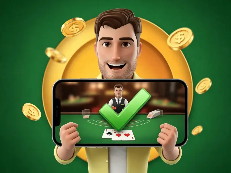 Man holding up a smartphone showing a live blackjack dealer with a green checkmark, promoting Joe Fortune's mobile live casino