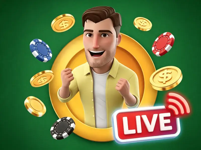 3D animated man celebrating beside a 'Live' badge with poker chips and gold coins, promoting Joe Fortune's live casino games