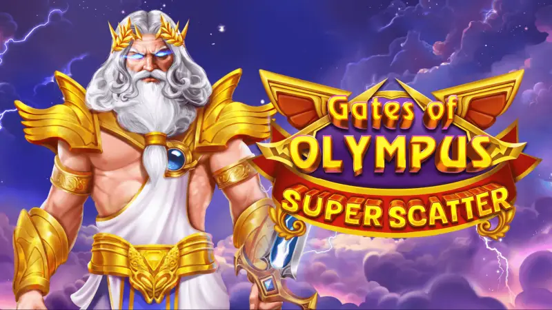 Zeus-like Greek god in gold armor beside the Gates of Olympus Super Scatter slot game logo, featured on Joe Fortune