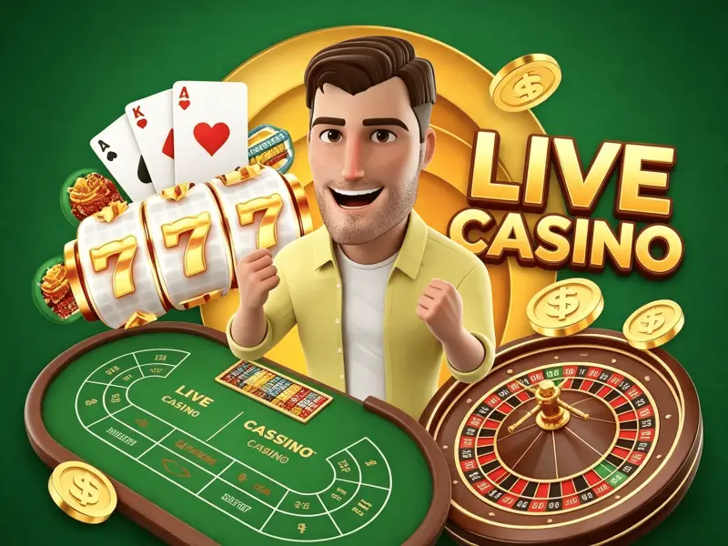 3D animated man celebrating a triple-seven slot win beside a roulette wheel and live casino table, promoting Joe Fortune's live casino