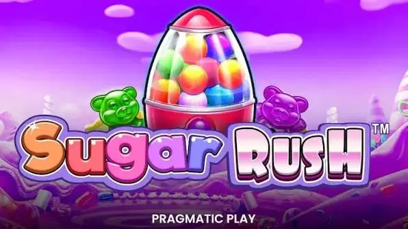 Sugar Rush slot game logo by Pragmatic Play with candy-colored gummy bears and a jar of gumballs, featured on Joe Fortune