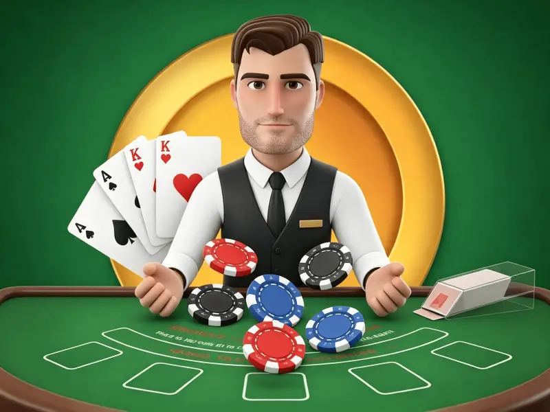 3D animated casino dealer in a vest holding a winning hand of cards over a blackjack table with poker chips, promoting Joe Fortune's live casino